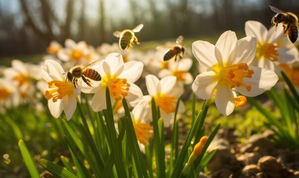 a vibrant capture of honeybees busy at work on white and yellow daffodils. The sunlight filters through, highlighting the delicate texture of the petals and the bees' intricate wings. The flowers are 
