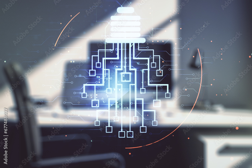 Aufkleber creative light bulb with chip hologram and modern desk with computer on background, artificial intel