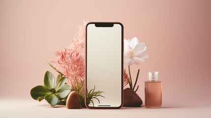 beauty products presentation backdrop with mobile phone