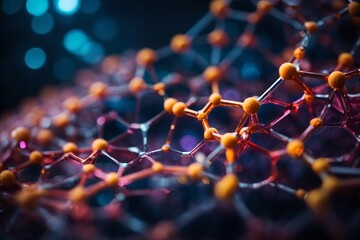 Abstract close-up photo of a molecule with orange atoms on a dark blue background with bokeh - obrazy, fototapety, plakaty