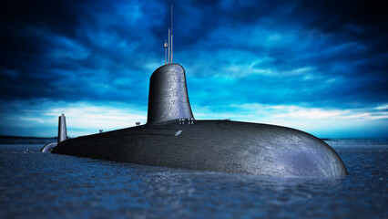 Military submarine on the sea surface . 3D illustration