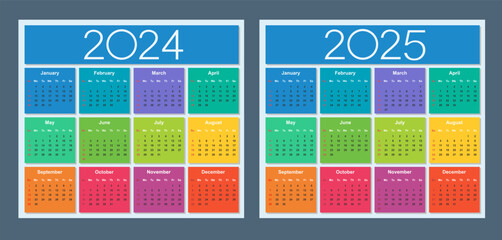 Colorful calendar for 2024 and 2025 years. Week starts on Sunday. Isolated vector illustration.