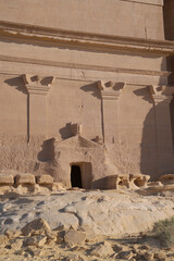 Hegra Heritage Site, AlUla, Saudi Arabia. "Qsar Al Farid" Tumb, front view close up of the entrance of the most famous tomb of the "Madain Saleh" site, in AlUla, Saudi Arabia. 