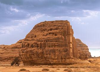 Hegra Heritage Site, AlUla, Saudi Arabia. "Qsar Al Farid" Tumb, Site View of the most famous tomb of the "Madain Saleh" site, in AlUla, Saudi Arabia. 
