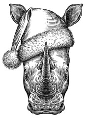 Vintage engraving isolated rhinoceros set  dressed christmas illustration ink santa costume sketch. Africa background rhino silhouette new year hat art. Black and white hand drawn image © Turaev