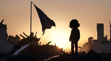 silhouette of sadness child looking the city destroyed by the earthquake or war at sunset, his hand held a large, fluttering white flag