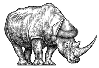 Vintage engraving isolated rhinoceros set  dressed christmas illustration ink santa costume sketch. Africa background rhino silhouette new year hat art. Black and white hand drawn image - obrazy, fototapety, plakaty