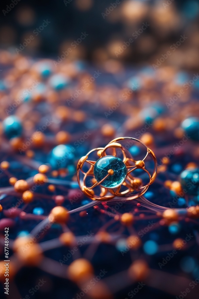 Poster abstract molecule structure with atoms on dark blue background. macro photo