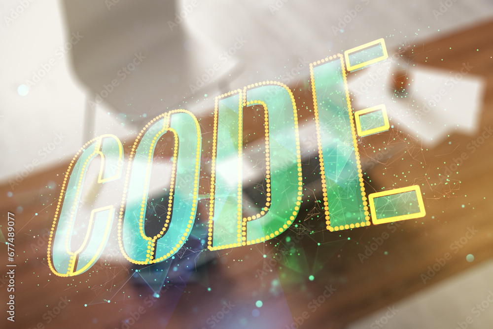 Poster Creative Code word hologram and modern desktop with laptop on background, artificial intelligence and neural networks concept. Multiexposure
