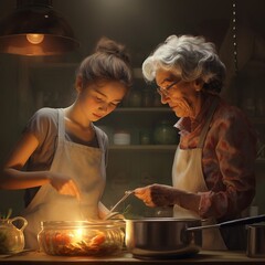 grandmother and granddaughter baking