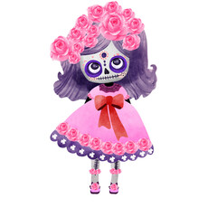 Pink rose on the watercolor skeleton head 