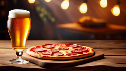 Un verre de bière accompagne une pizza peppéroni - obrazy, fototapety, plakaty