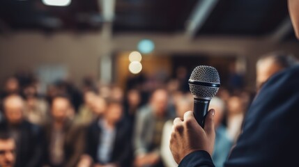 Pulblic speaking concept. A man's hand holds on a microphone over the blurred photo of workshop, or seminar room with attendees.