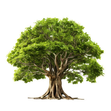 Banyan or bodhi tree, big ficus religiosa isolated on white transparent background, PNG