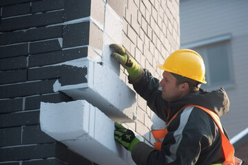A construction worker insulates a building with styrofoam, Installation of polystyrene on the facade of the building - obrazy, fototapety, plakaty