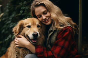 A Happy Beautiful Blonde Woman Hugging Her Cute Dog While Keeping Her Eyes Closed