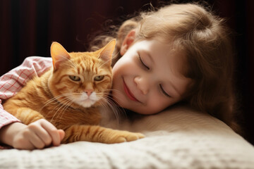 A small cute child toddler 3 years old gently embraces a red fluffy cat sitting on a pillow toddler girl embraces with tenderness and love her ginger cat, domestic pet, happy child girl playing
