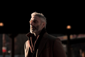 Adult man in suit on street in winter with sunlight and shadow