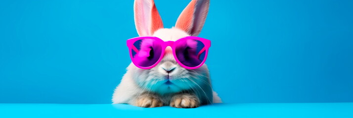 Fototapeta premium bunny wearing oversized, vibrant sunglasses and striking a pose against a colored backdrop, promoting . Generative AI