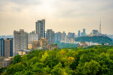 Eling Park , Panoramic view of Chongqing cityscape during early autumn in Chongqing Yuzhong District , China : 23 October 2023