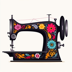 Sewing machine with floral pattern. Vector illustration in retro style.