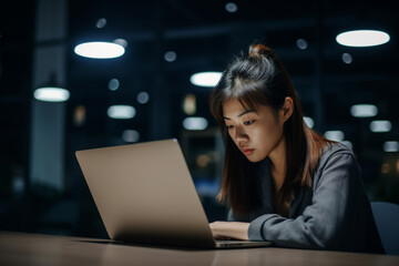 Asian woman working late, Front View Dark, Desk, Laptop, concentration, business casual, entrepreneur, marketing