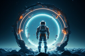 Astronaut in front of dimensional portal - obrazy, fototapety, plakaty