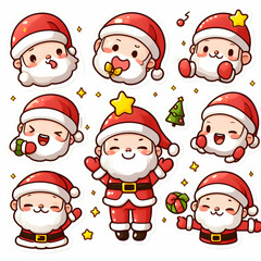 Set of Sticker Christmas Cute Cartoon Santa Claus faces and full body vector illustration.
