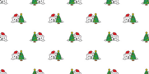 bear polar seamless pattern Christmas tree Santa Claus hat vector pet doodle cartoon gift wrapping paper tile background repeat wallpaper illustration scarf isolated design