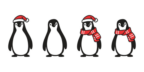 penguin vector christmas santa claus hat icon scarf bird logo cartoon character doodle illustration symbol design isolated - obrazy, fototapety, plakaty