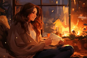 Fototapeta premium Cozy Moments: Indoor shots of people by a warm fire, sipping hot cocoa, or wrapped in blankets to convey the cozy feeling of winter. - Generative AI