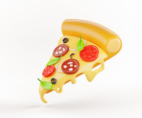 Pizza slice with flowing melted cheese and basil leaves 3d render icon. Italian food snack, margherita or pepperoni for menu with tomato, sausage, olive and hot cheddar or parmesan. 3D illustration
