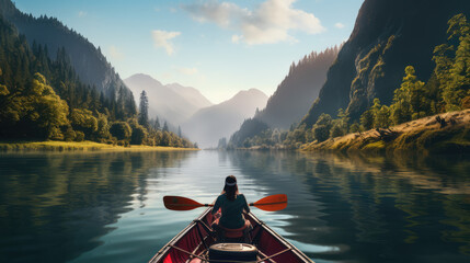 A woman paddles a kayak on a river in the middle of a valley - obrazy, fototapety, plakaty