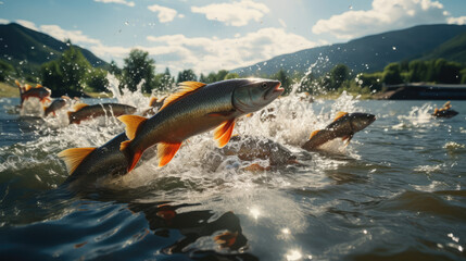 Obraz premium Fish jump to the surface of the river in the middle of the river
