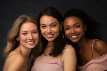 Beauty portrait of a diverse group of beautiful women smiling together against a grey studio background