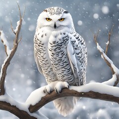 Snowy Owl Perched on a Branch:
