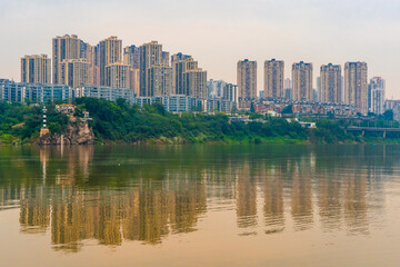 View of Chongqing skyline from Ciqikou Ancient Town during evening and night at Chongqing Yuzhong...