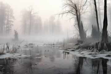 Fog and Mist: Capture the eerie beauty of fog and mist in cold weather, especially around bodies of water. - Generative AI