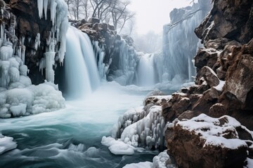 Obraz premium Frozen Waterfalls: Photograph the unique formations of frozen waterfalls in cold regions. - Generative AI