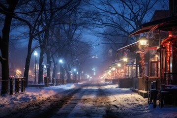 Urban Winter Scenes: Capture cityscapes with snow-covered streets, buildings, and the glow of streetlights. - Generative AI