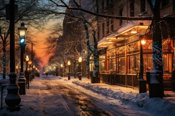 Fototapeta premium Urban Winter Scenes: Capture cityscapes with snow-covered streets, buildings, and the glow of streetlights. - Generative AI