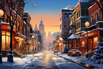 Fototapeta na wymiar Urban Winter Scenes: Capture cityscapes with snow-covered streets, buildings, and the glow of streetlights. - Generative AI