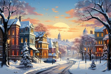 Urban Winter Scenes: Capture cityscapes with snow-covered streets, buildings, and the glow of streetlights. - Generative AI