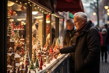 Obraz premium Holiday Markets: Bustling markets and fairs with festive decorations and people shopping for gifts. - Generative AI