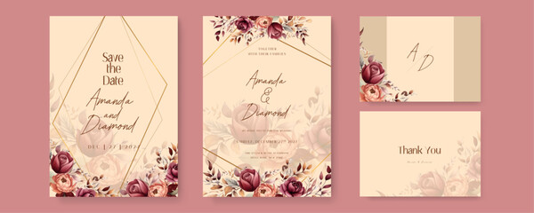 Red and peach peony floral wedding invitation card template set with flowers frame decoration