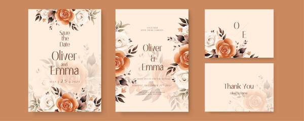 Orange white and beige rose luxury wedding invitation with golden line art flower and botanical leaves, shapes, watercolor