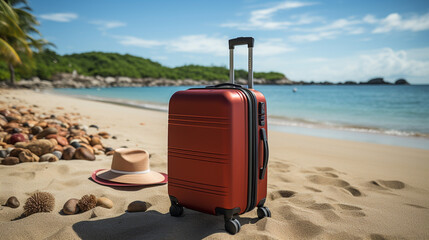 travel suitcase on the beach HD 8K wallpaper Stock Photographic Image