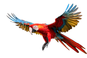 A scarlet macaw parrot flying isolated on transparent background.