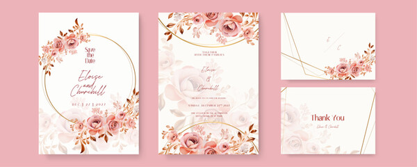 Pink rose set of wedding invitation template with shapes and flower floral border