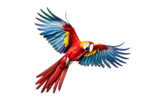 A scarlet macaw parrot flying isolated on transparent background.